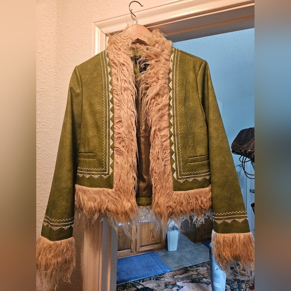 Green and Tan Women's Jacket with Faux Fur Trim